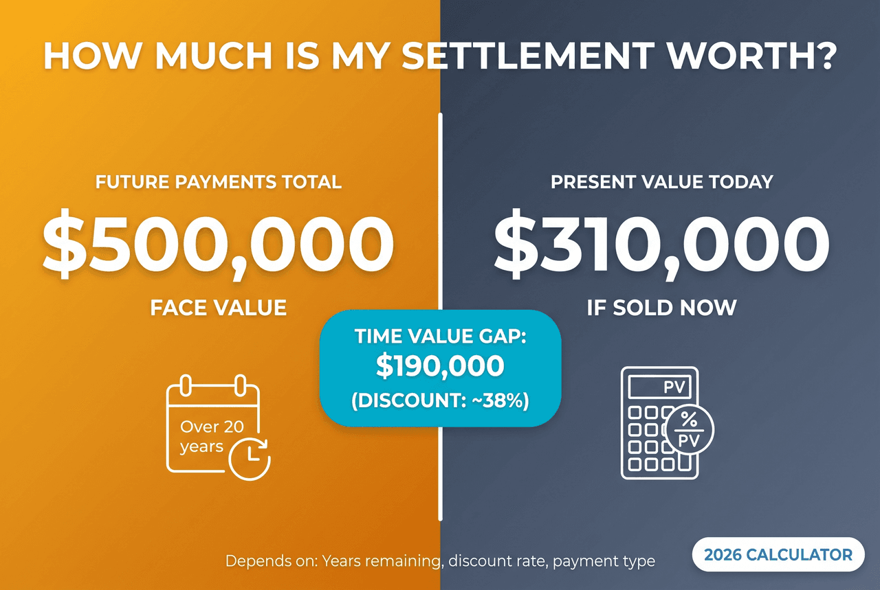 Structured settlement value calculator showing payout ranges from 52% to 79% of face value with DRB Capital offering best rates in 2026