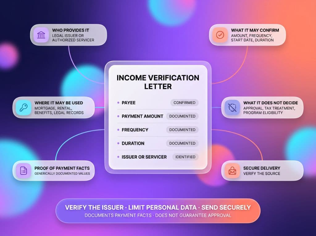 Income verification letter showing documented payment fields, issuer verification, permitted uses and limitations