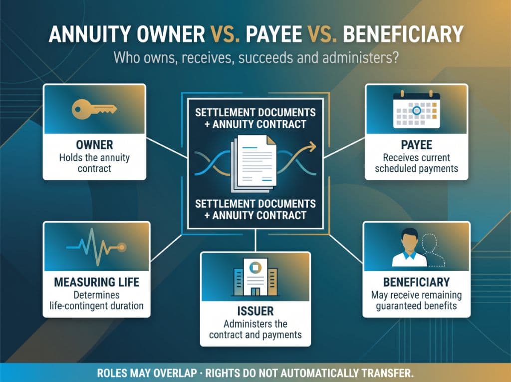 Role map connecting settlement documents and an annuity contract to the owner, payee, beneficiary, measuring life and issuer