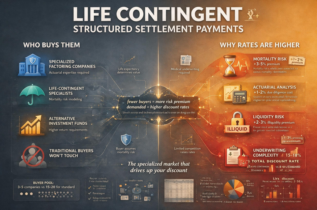 Chart comparing discount rates for guaranteed structured settlement payments at 7 to 12 percent against life contingent payments at 12 to 18 percent