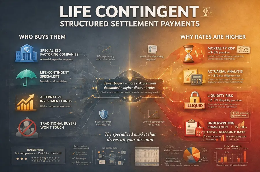 Chart comparing discount rates for guaranteed structured settlement payments at 7 to 12 percent against life contingent payments at 12 to 18 percent