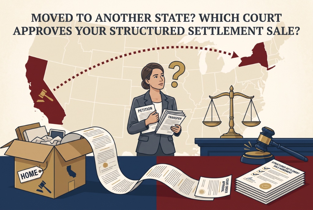 Map illustrating a move between states and court review of a structured settlement transfer petition