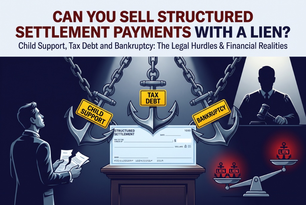 Illustration showing structured settlement payments affected by child support, tax debt, bankruptcy and liens